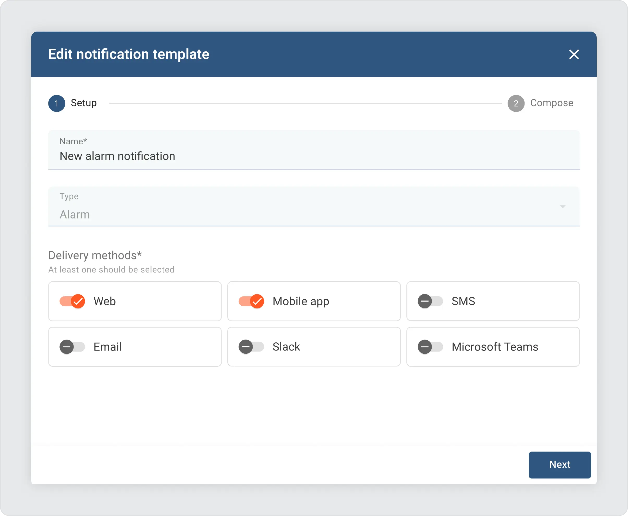 Sentient edit notification template settings form with eight fields