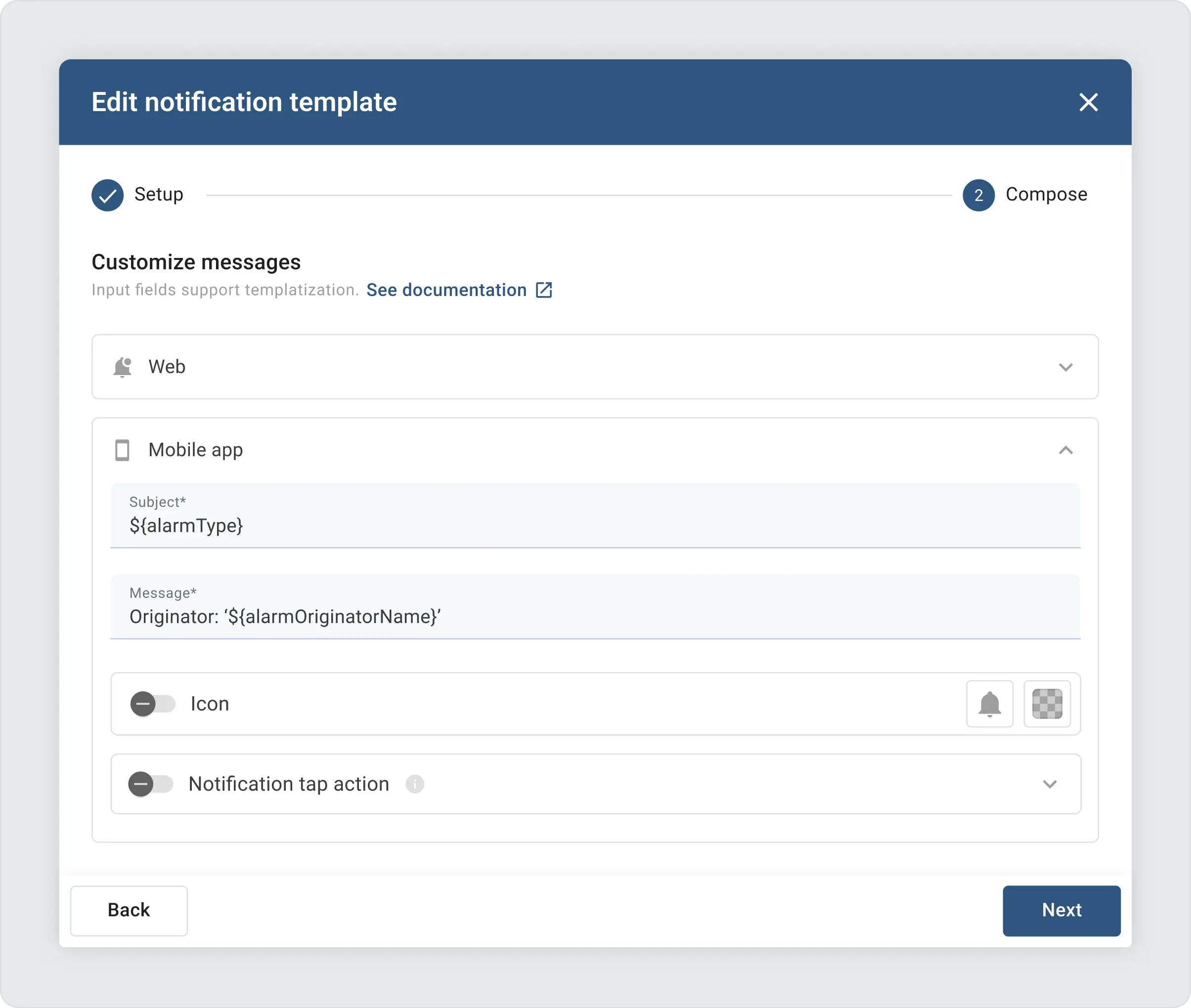 Sentient edit notification template settings form with four fields