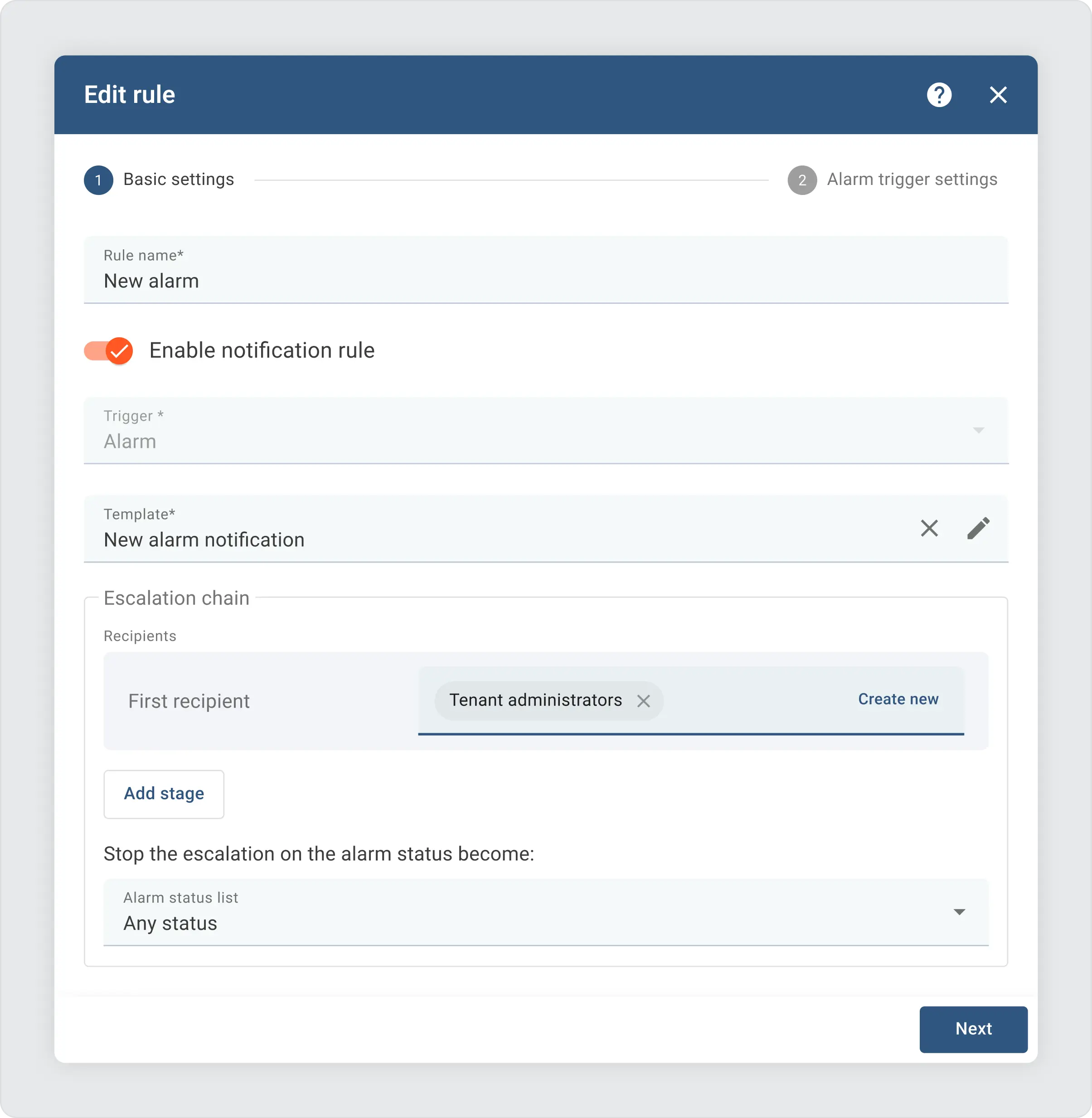 Sentient edit rule settings form with six fields