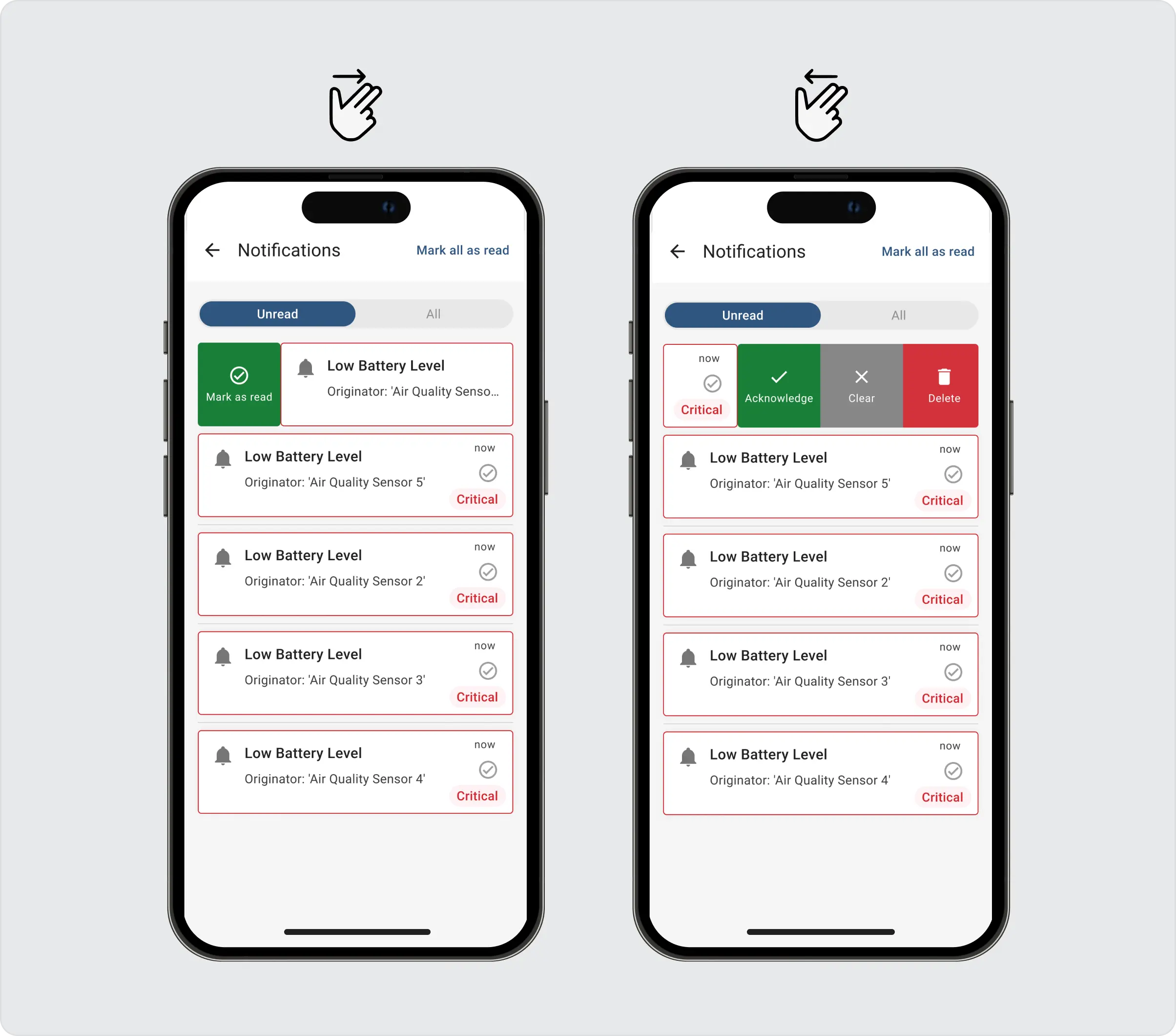 Two smartphones with sentient alarm notifications on the screens