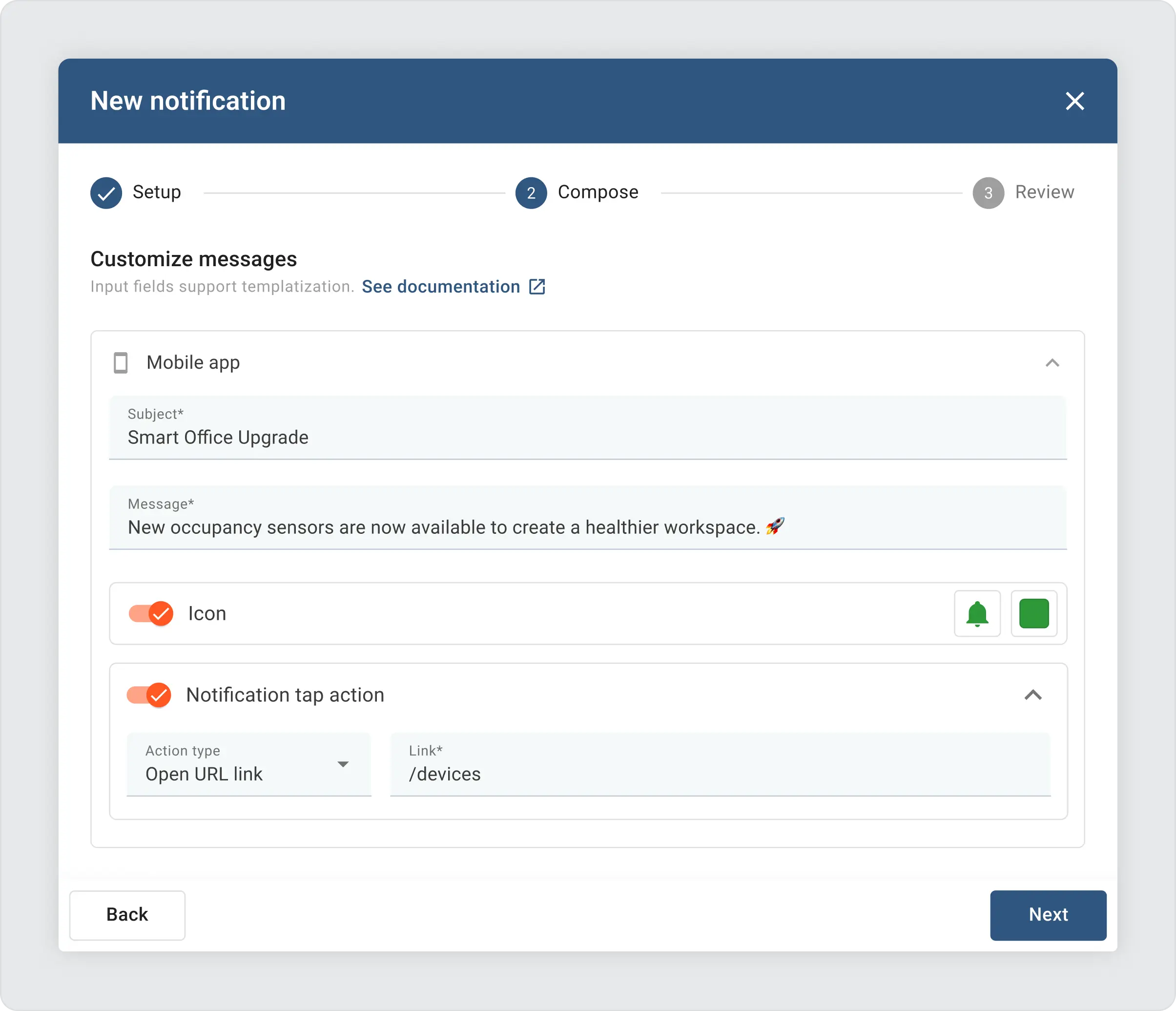 Sentient new notification settings form with four fields
