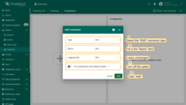 Select "KNX" connector type, fill in the "Name" field, disable filling configuration with default values and click "Add" button;