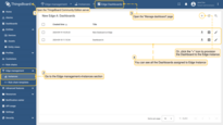Ensure that you have previously created and configured Dashboards on the <b>SENTIENT Server</b> and then go to the <b>Edge management > Instances</b> section and open the <b>"Manage dashboard"</b> page. View all Dashboards already deployed, or click the <b>"+"</b> icon to deploy the Dashboard to the <b>Edge</b> instance.