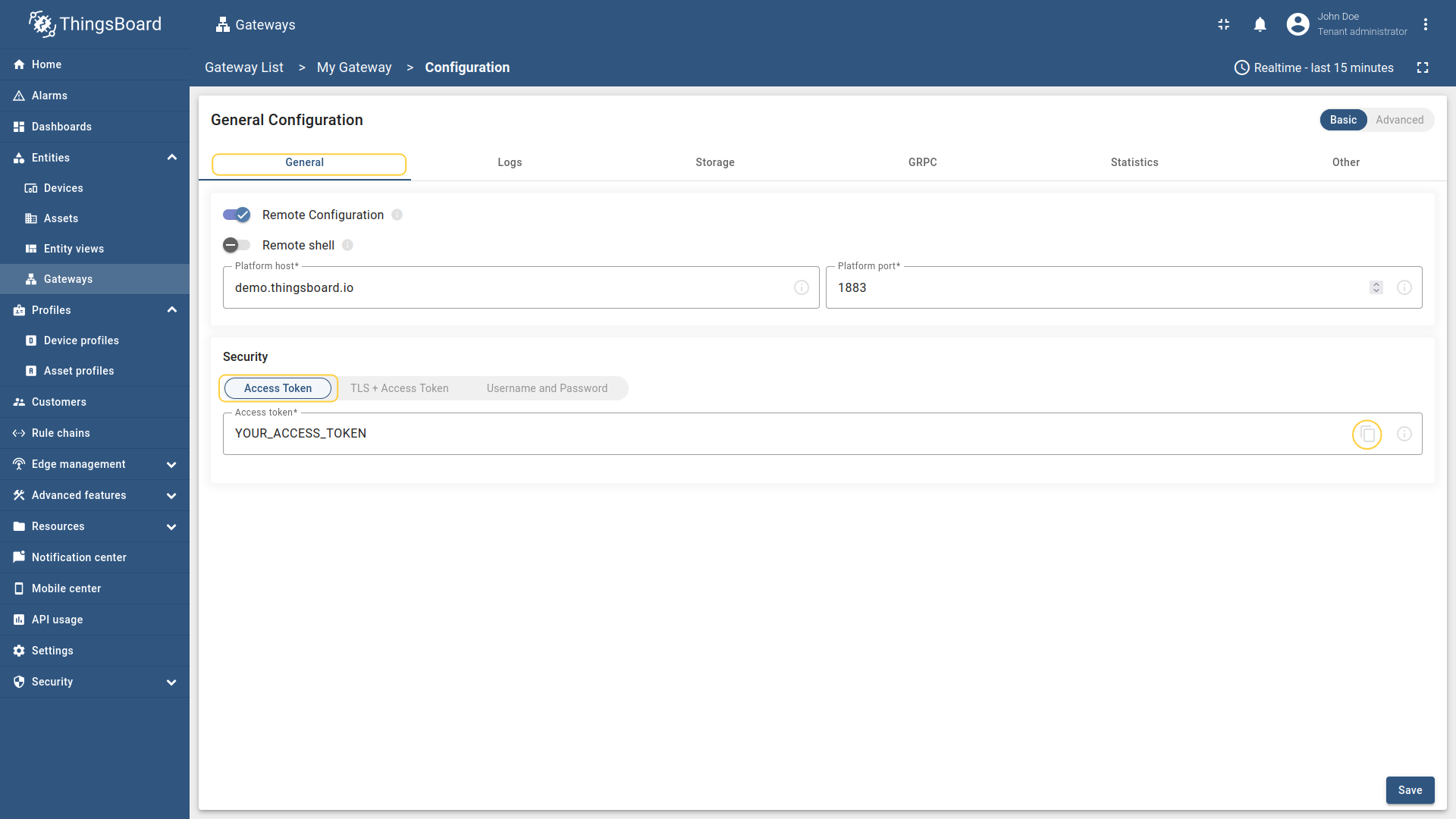 Copy Access token on the "General" tab;