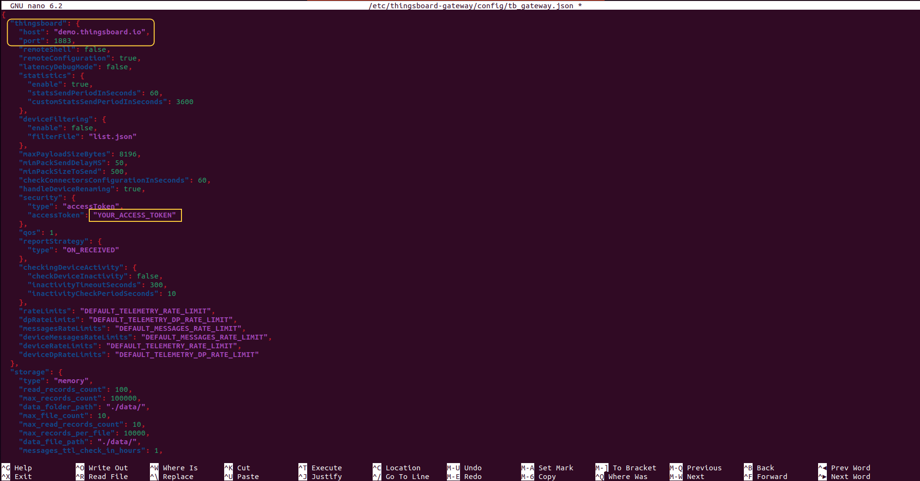 Open Terminal and execute the following command: `nano /etc/sentient-gateway/config/tb_gateway.json`. Paste copied access token and replace platform's host and port with yours. Save changes and exit from nano.