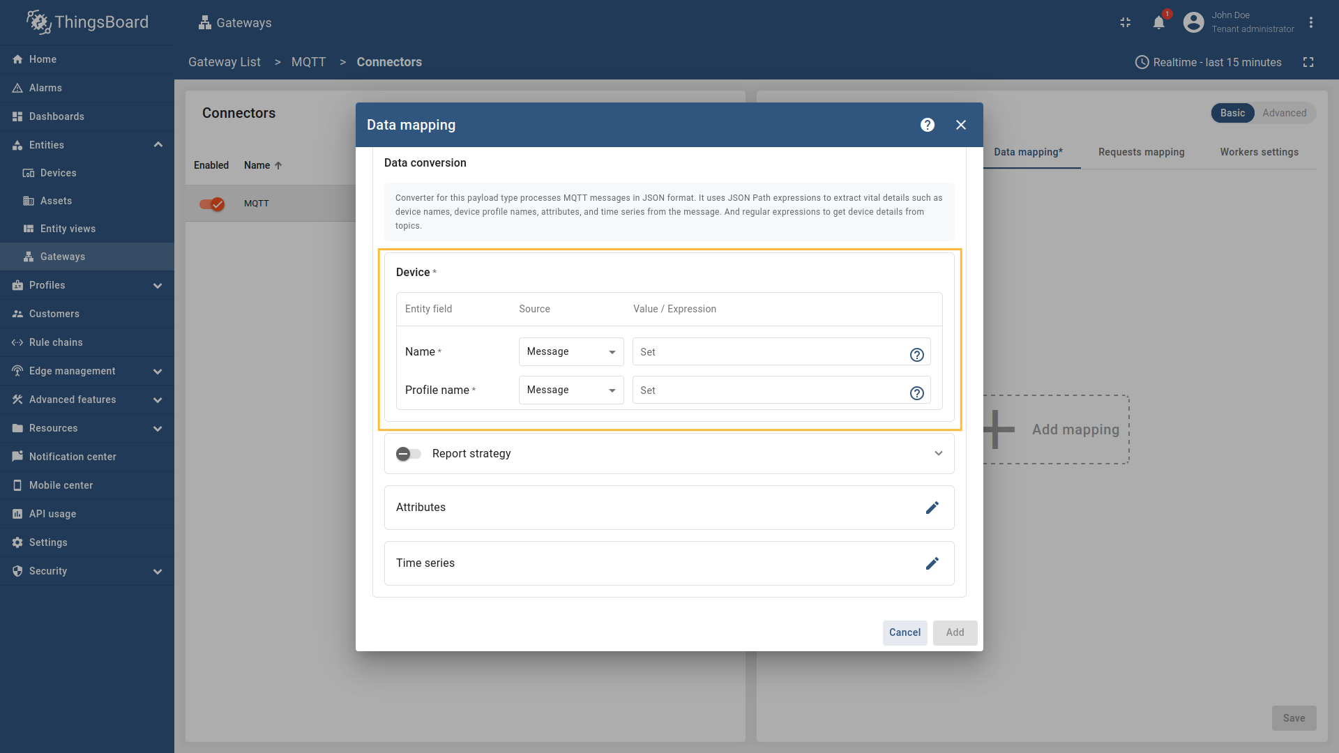 Provide the following fields in the Data conversion subsection of the opened modal window: Name and Profile name (can be sourced from `Message`, `Topic` or `Constant`).