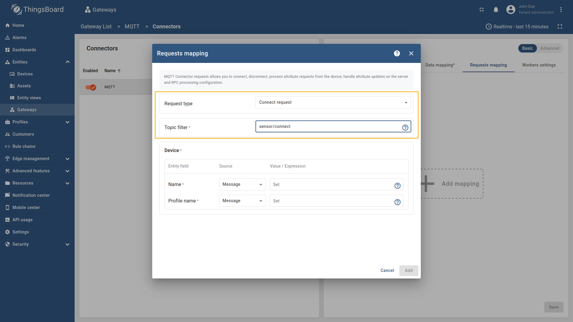 Select `Connect request` in the Request type field then fill the "Topic filter" with `sensor/connect`.
