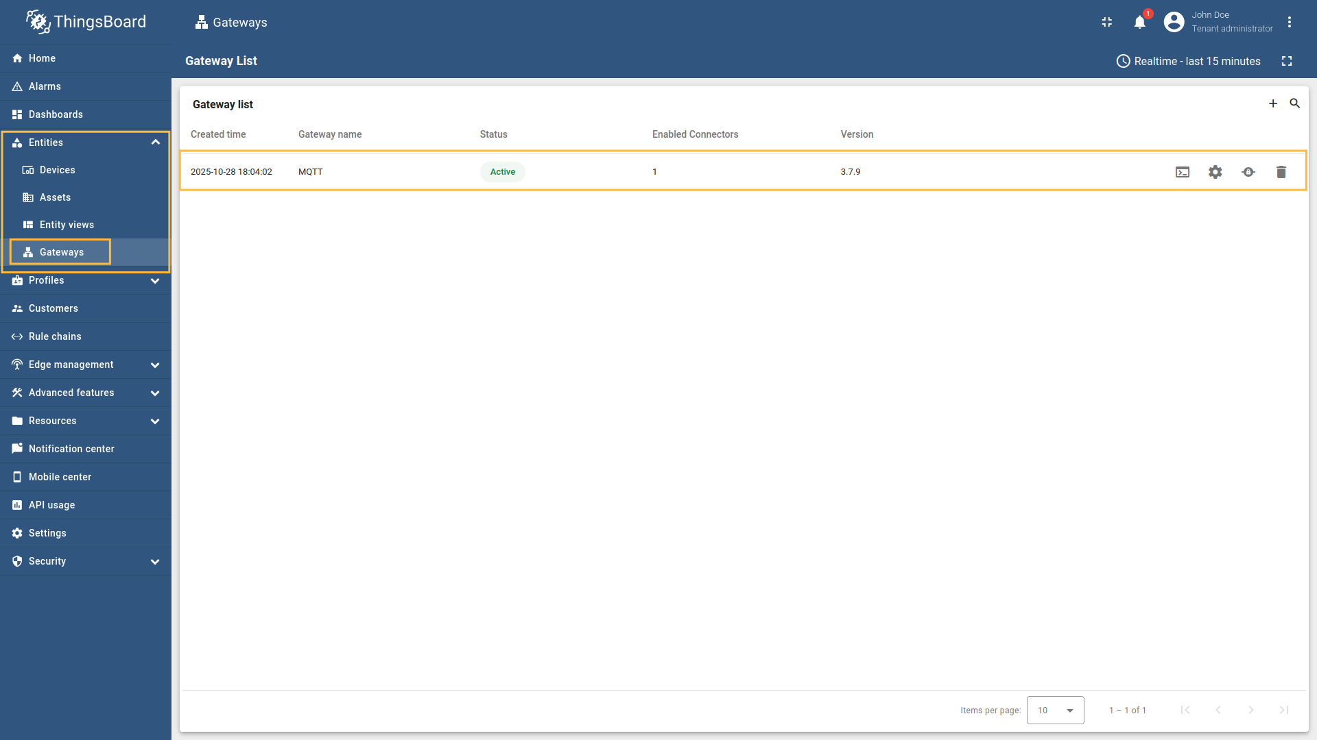 Go to "Entities" → "Gateways" on the left sidebar and select your gateway.