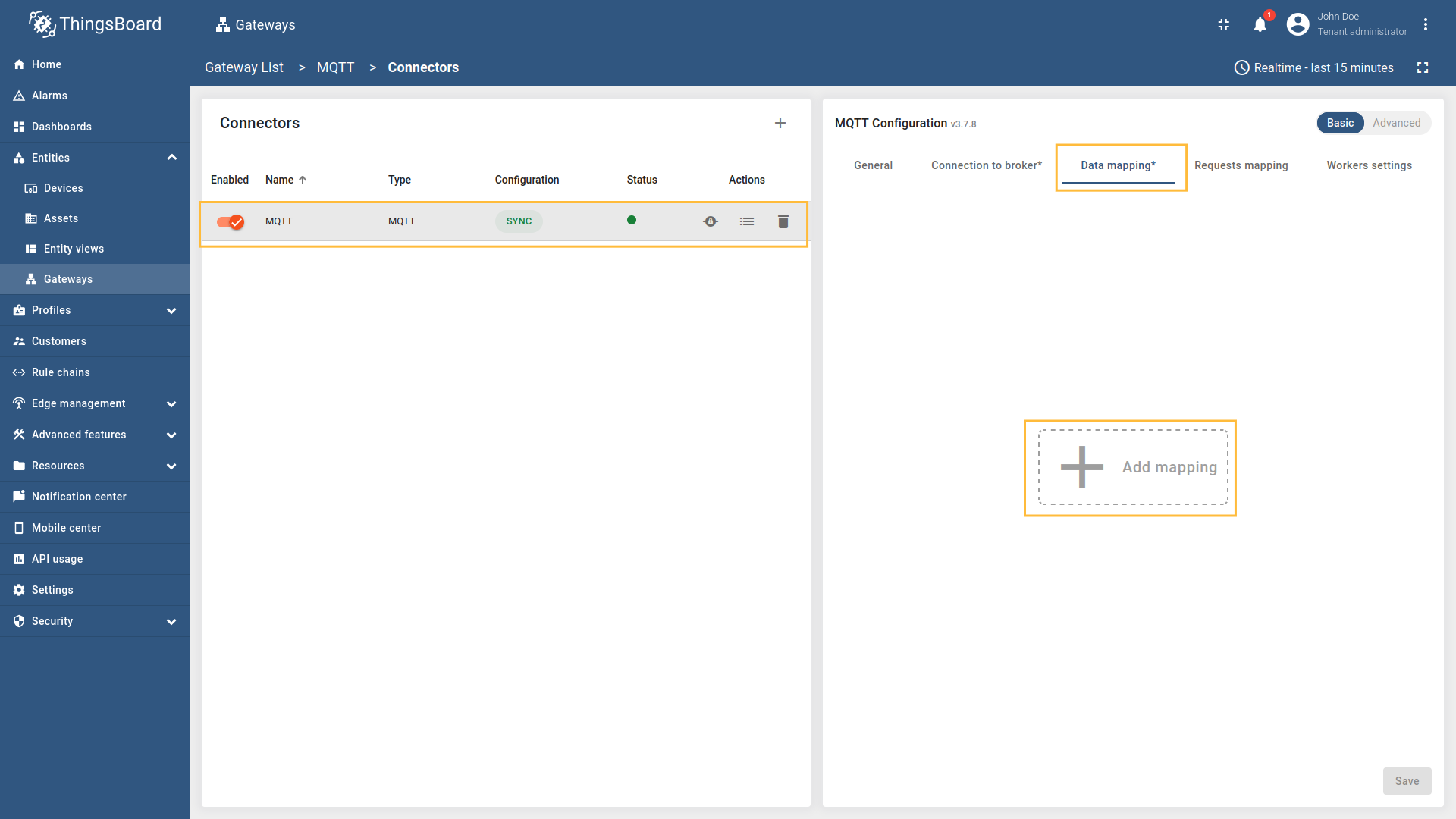 Select the created MQTT connector, select "Basic" click on the "Data mapping" Click on the "+ Add mapping" button.