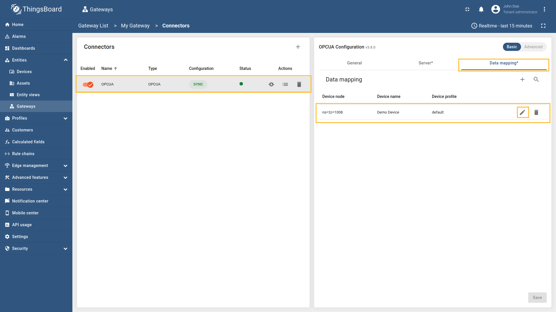Select the OPC-UA connector, click on the "Data mapping" tab. Select data mapping with device to which you want to add time series data (if you do not know how to add a new device, see the [Getting Started](/docs/iot-gateway/getting-started/?connectorsCreation=opcua){:target="_blank"} guide or [Data mapping](/docs/iot-gateway/config/opc-ua/#data-mapping) section of this guide with respective examples).