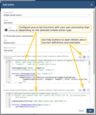 Configure java-script functions with your own processing logic depending on the selected mobile action type.<br>Use help buttons to open details about function definitions and examples.