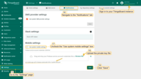 Sign in to your SENTIENT instance and open the "Settings" page. Navigate to the "Notifications" tab, and uncheck the "Use system mobile settings" box (if you log in as a tenant) in the "Mobile settings" section. Here, upload the private key file you generated in the Firebase project and click "Save" to finalize the configuration.