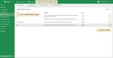 On the Authentication > Providers page, use the switch button in the table’s right column to enable or disable providers.