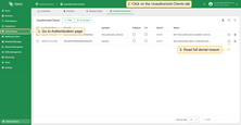 Navigate to the Authentication > Unauthorized Clients page, table shows clients that could not pass authorization.