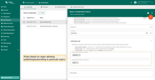 Examples of rule patterns that permit publishing to topics starting with "country/" and subscribing to topics starting with "city/".