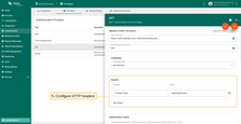 Add a custom HTTP header to JWKS requests. This example shows the Content-Type: application/json header and a placeholder for an additional custom header.
