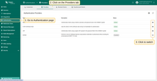 On the Authentication > Providers page, use the switch button in the table’s right column to enable or disable providers.