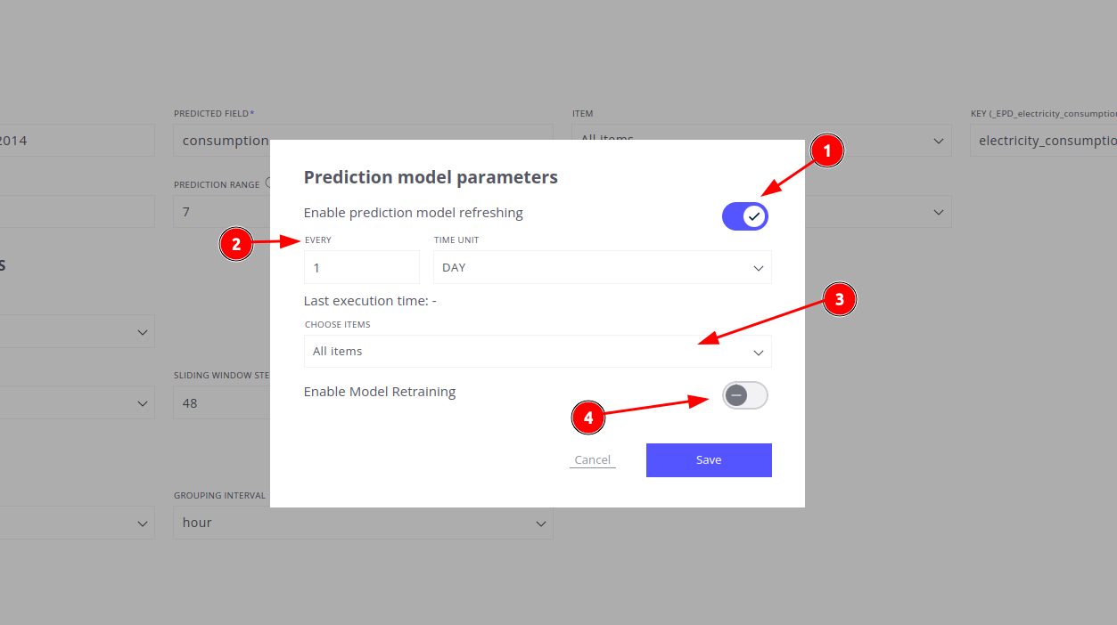 1. Enable/disable saving predicted telemetry to SENTIENT. Toggle this setting to save predicted telemetry to SENTIENT and ensure regular updates. 2. Specify how often telemetry should be updated. 3. Select the specific devices for which predicted telemetry will be saved. 4. Toggle Enable Model Retraining to allow the model to retrain automatically whenever new real data is detected.