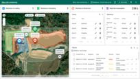 Main state provides an overview of the entire site, including live machine positions on the map, KPI cards for machines in Loading, Unloading, and Restricted zones, and daily fuel consumption.