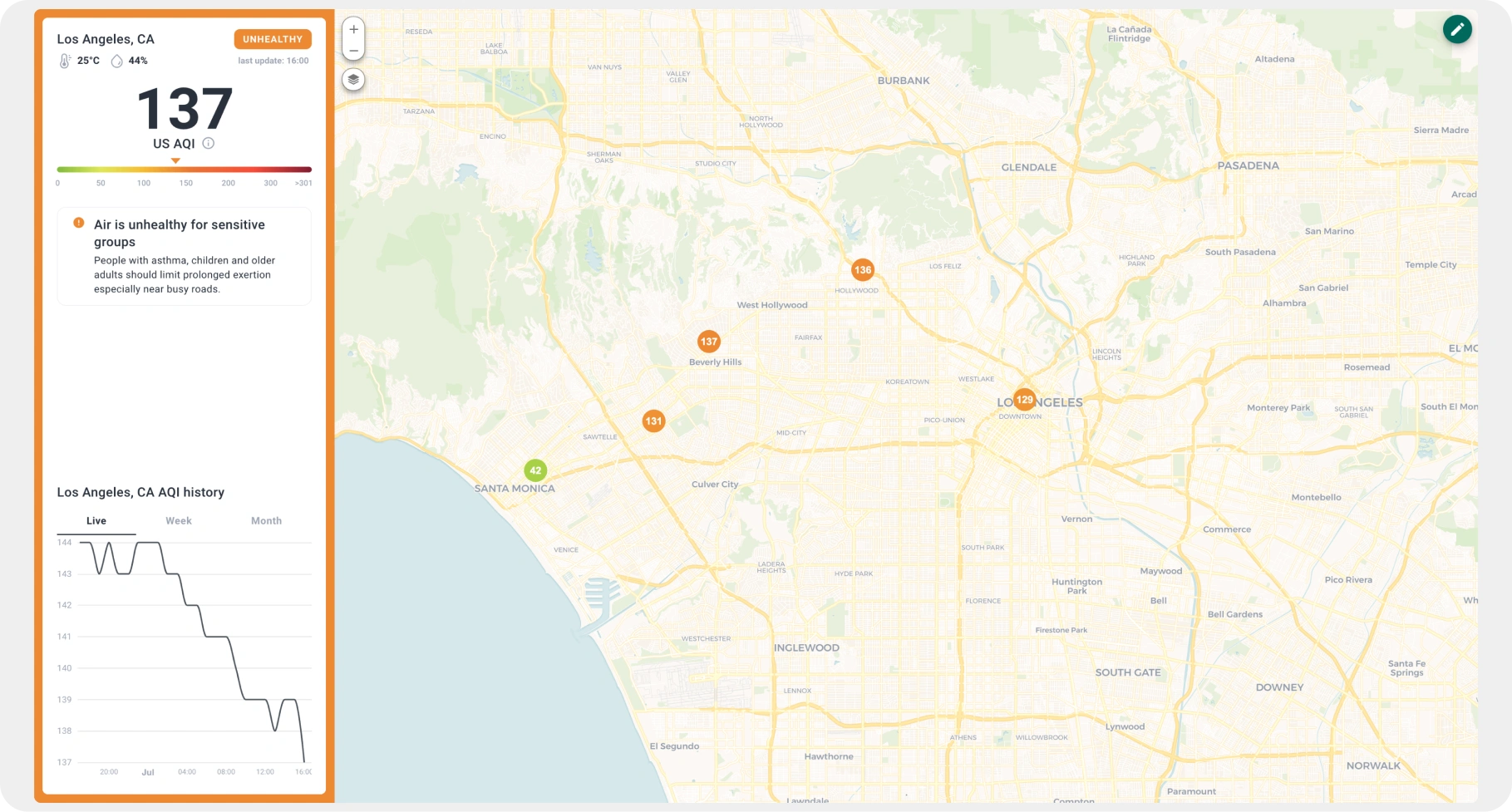 Interactive AQI heatmap of Los Angeles on the SENTIENT IoT Platform