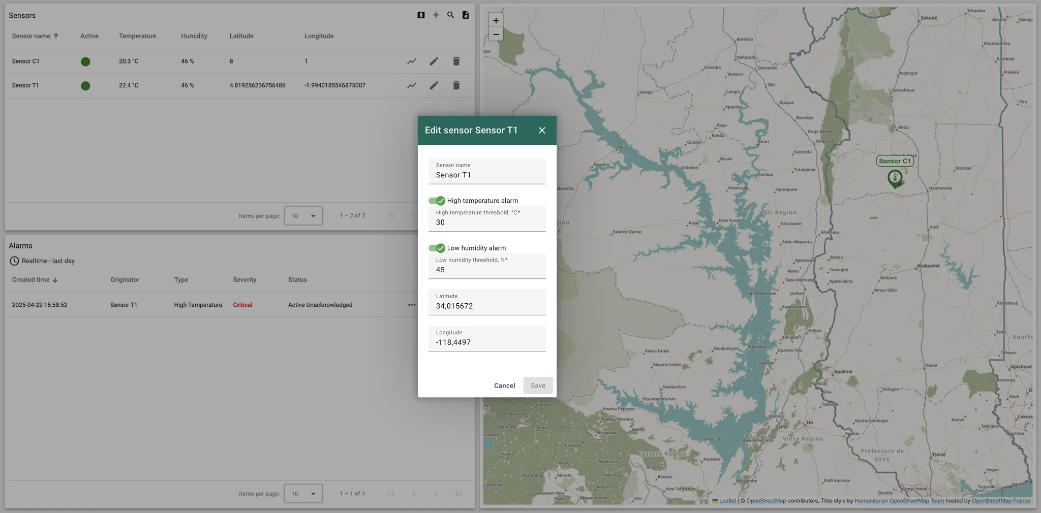 Sensor configuration panel with thresholds and map location in SENTIENT