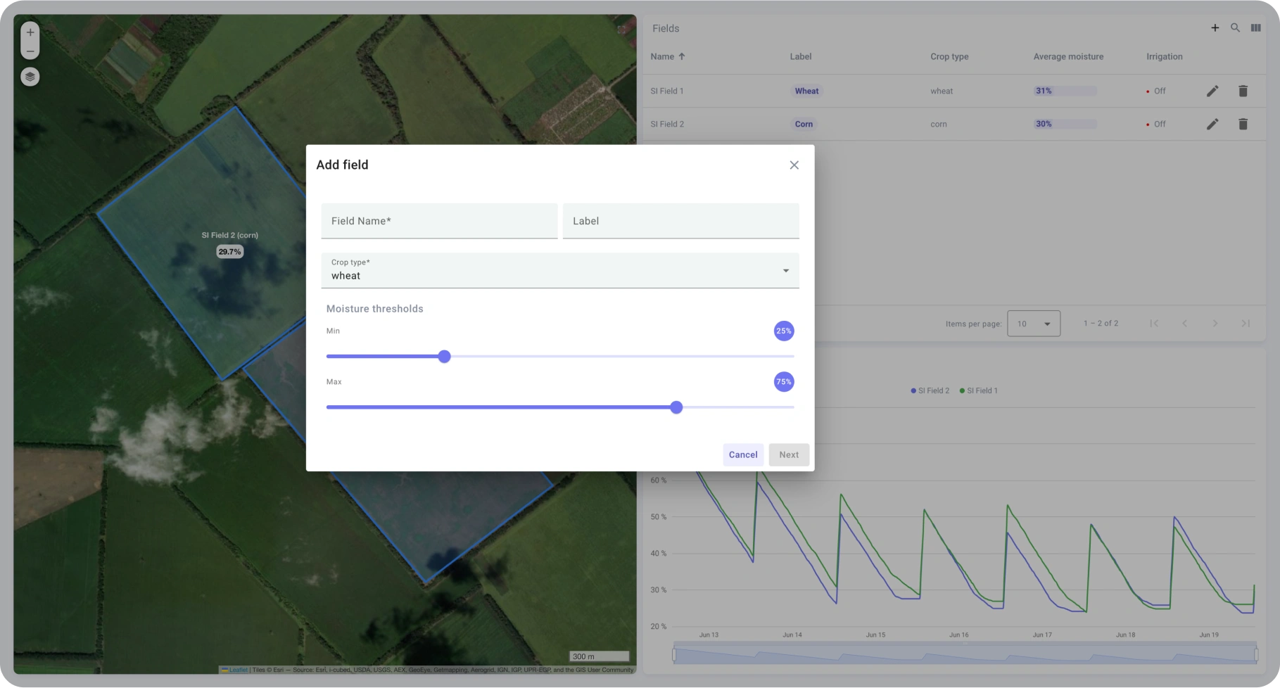 Field configuration form for setting crop type and moisture range in SENTIENT