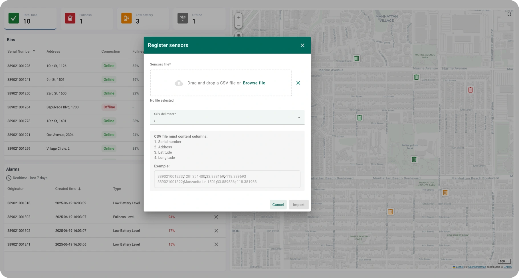 Sensor registration dialog for uploading CSV file with bin data in SENTIENT