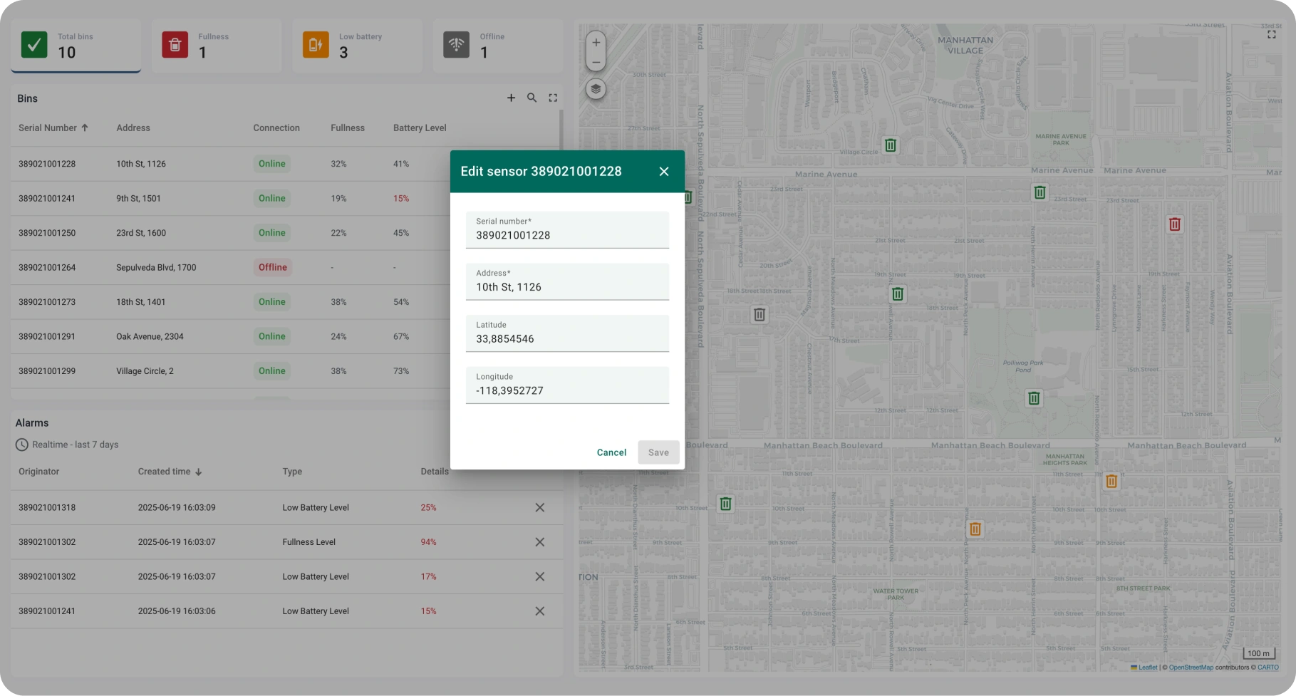Edit bin sensor data including location and address in SENTIENT