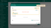 Configure the alarm trigger logic by defining one or more filters. Click <b>Add argument filter</b>.