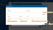<b>Configure filters</b>:<br>- <b>Operation</b> — the comparison operator.<br>- <b>Value source</b> — select one of the following.<br>- <b>Value</b> — specify the value to compare against.<br>- After adding all required filters, click <b>Add</b> to save the condition.