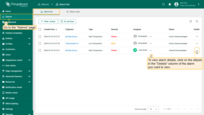 To view alarms use the "Alarms" page in the left menu. Here you will see all reminders in list form, as well as the following information: creation time, source, alarm type, severity, to whom assigned, and status of the alarm.