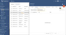 Go to Entities → Devices and open the device you want to edit by clicking its row. In the device details, open the "Attributes" tab, select the "Shared attributes" scope, and click the "+" icon to add a new attribute.