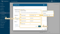 Click Add argument (1) and fill in the required fields:<br>select the Argument type (2), specify the Time series key / Attribute key (3) to read data from, enter the Argument name (4) that will be used in the metrics, and set the Default value (5).<br>Then click Add (6).”