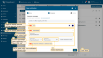 For the <b>Web</b> delivery method, you can add an <b>action button</b> to the notification:<br> - Enter the <b>button text</b>.<br> - Select the <b>action type</b> ("<b>Open dashboard</b>" or "<b>Open URL link</b>").<br> - <b>Specify the URL link or the dashboard</b> that should open when the button is clicked. <br>You can also display the icon in the notification and set its color.<br> Then, click "<b>Next</b>";