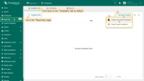 Go to the "<b>Reporting</b>" page from the left-hand menu — you'll land on the "<b>Templates</b>" tab by default. Click the "<b>+ Add report template</b>" button in the top-right corner and select "<b>Create new report template</b>".
