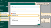 In the scheduling dialog: give your schedule event a clear title, e.g., <b>Daily Devices Alarm Report for Customer A</b><br>. – Select the previously created <b>Daily Devices Alarm Report</b> template.<br> – Specify the user account on whose behalf the report will be generated: <b>janesmith@sentient.invenia.in</b> (Jane Smith — Customer A administrator).