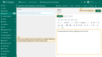 In the "<b>Content</b>" tab, enter your desired text and include the variable <b>${Name}</b> to dynamically display the current entity name.<br> Save the component.
