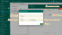Navigate to the "<b>Permissions</b>" tab in the entity group details and click on the "plus" icon. Specify the created role, user group owner, and select the user group to which you are granting access to the device group "<b>Building B</b>". Click "Add".