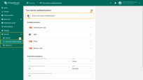 Log in as a System administrator.<br>- Navigate to <b>Security</b> ⇾ <b>Two-factor authentication</b> (1).<br>- Enable <b>Enforce two-factor authentication</b> (2).
