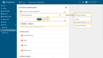 - Enforce 2FA for Tenant administrators (1).<br>- Use the tenant/tenant profile selector (2) to define the 2FA scope.<br>- Specify specific tenants or tenant profiles (3). If the list is empty, the policy applies to all tenants or tenant profiles.