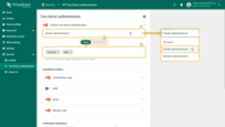- Enforce 2FA for Tenant administrators (1).<br>- Use the Tenant/Tenant profile selector (2) to define the 2FA scope.<br>- Specify specific tenants or tenant profiles (3). If the list is empty, the policy applies to all Tenants or Tenant profiles.