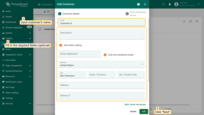 In the opened dialog box, enter the name of the new customer. Additionally, you can input personal details for the customer and assign a home dashboard. Then click "Add".
