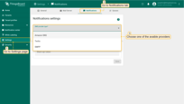 Login to SENTIENT UI. Navigate to the "Settings" page. Now, go to the "Notificatons" tab. In this window, choose one of the available providers: AWS SNS Twilio or SMPP;