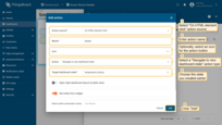 Enter <b>widget edit mode</b> → go to the <b>Actions</b> tab → click <b>+</b> (<b>Add action</b>).<br> <b>Add the action</b>: Choose <b>Action source</b>: <b>On HTML element click</b>; Enter <b>details</b> as the action name; In <b>Action</b>, select <b>Navigate to new dashboard state</b>; In <b>Target dashboard state</b>, select the state you created earlier; Click <b>Add</b> to save the action.