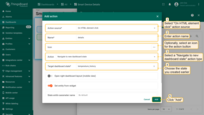 Enter <b>widget edit mode</b> → go to the <b>Actions</b> tab → click <b>+</b> (<b>Add action</b>).<br> <b>Add the action</b>: Choose <b>Action source</b>: <b>On HTML element click</b>; Enter <b>details</b> as the action name; In <b>Action</b>, select <b>Navigate to new dashboard state</b>; In <b>Target dashboard state</b>, select the state you created earlier; Click <b>Add</b> to save the action.