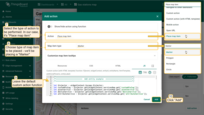 From the dropdown menu, select the type of action to be performed. In our case, it's "Place map item". Next, choose the type of map item to be placed — we'll be placing a "Marker". The custom action function field already contains a default function that opens a dialog for creating a device or an asset — exactly what we need. Then, click "Add".